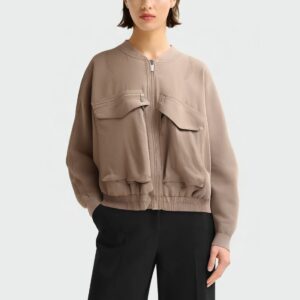 Khaki stand collar long sleeve women's jacket