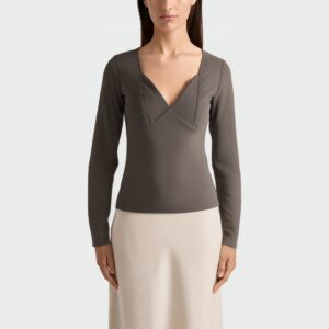 Gray casual deep V-neck women's long-sleeved top