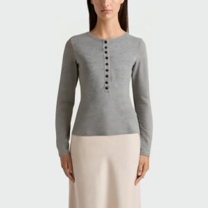 Grey round neck button women's long sleeve top