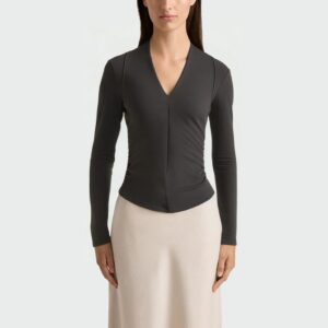 Vintage V-neck pleated women's long-sleeved top