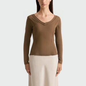 Vintage brown V-neck women's long sleeve top