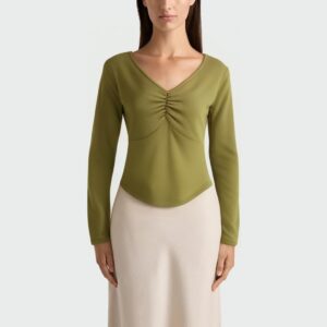 Green V-neck slim fit women's long-sleeved top
