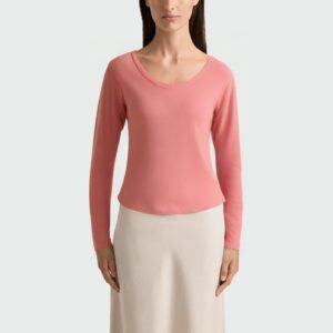 Pink sexy low-neck women's long-sleeved top