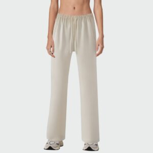 Beige elastic waist straight leg women's trousers