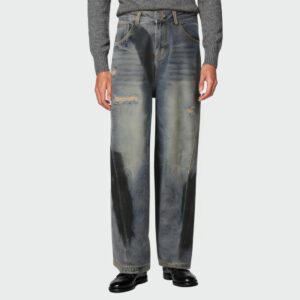 Washed faded ripped straight-leg men's jeans