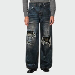 Distressed washed ripped straight-leg men's jeans